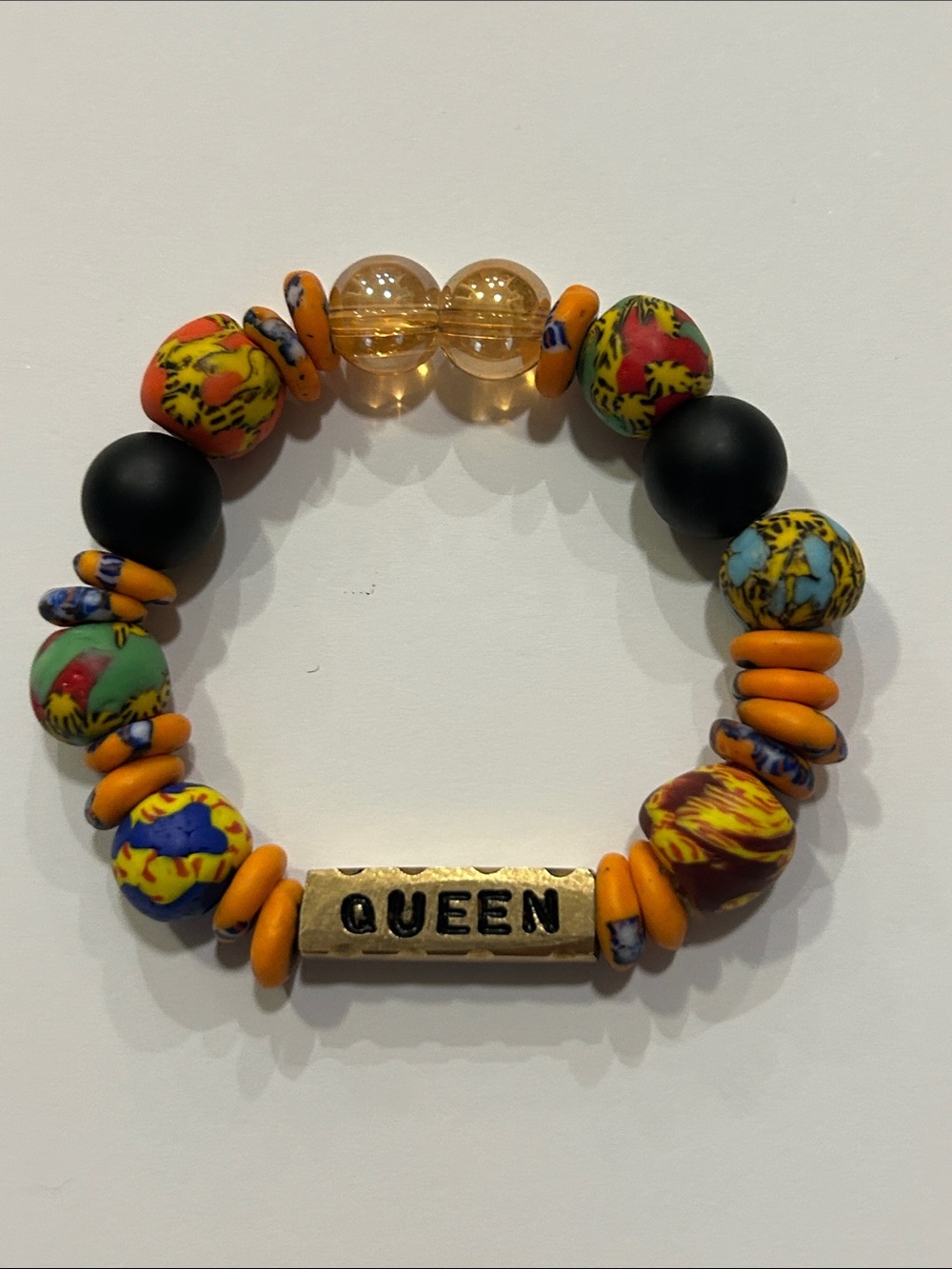 Handmade QUEEN Stretch Bracelet using Krobo beads from Ghana